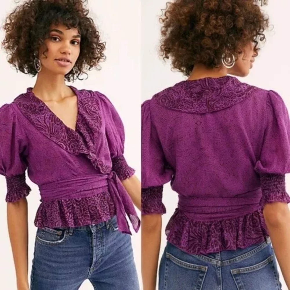 Purple V-Neck Wrap Peplum Top